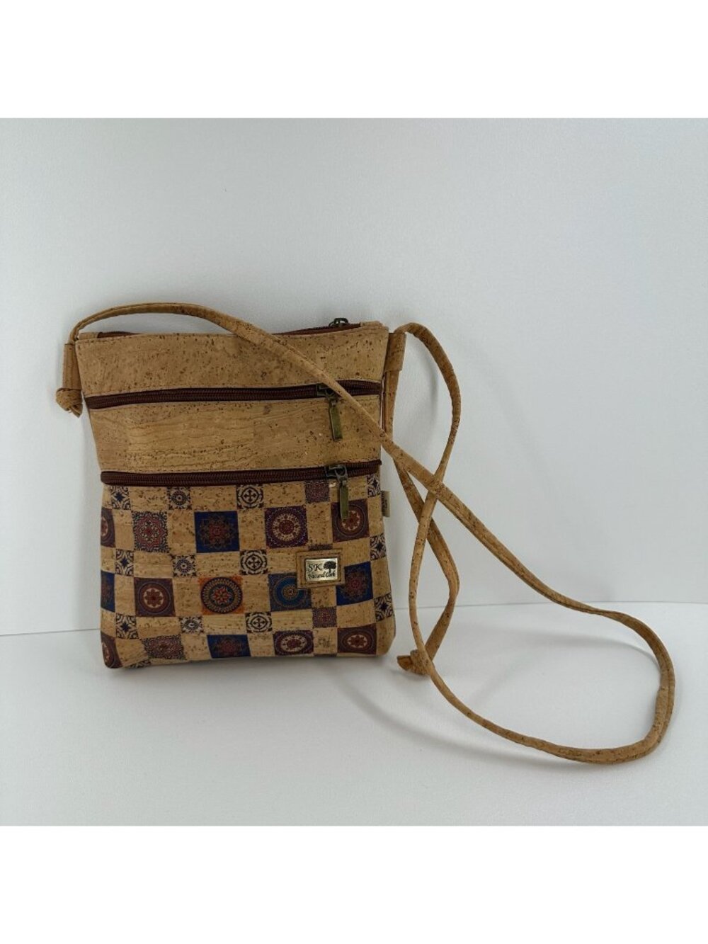 SK Natural Cork Crossbody Bag Womens Small Patchwork Tile Zip Vegan Purse Brown